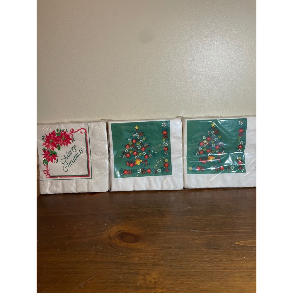 Vintage Christmas Luncheon Napkins Set 3 Packs Poinsettia Tree American Greeting - Picture 2 of 8